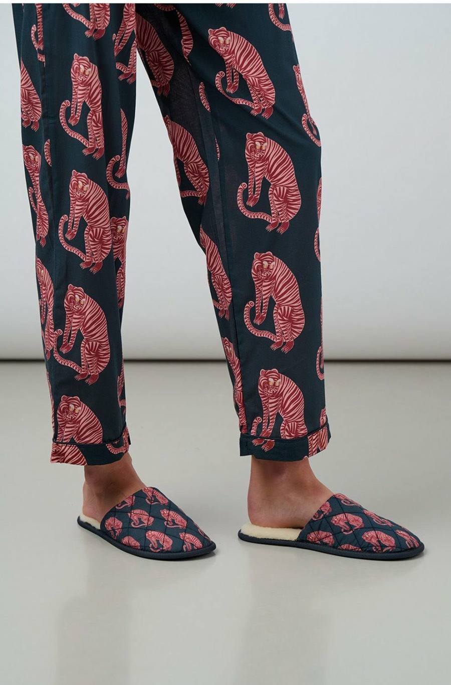 Women'S Clothing * | Tiger Print Slippers In Navy Pink High Quality Desmond & Dempsey