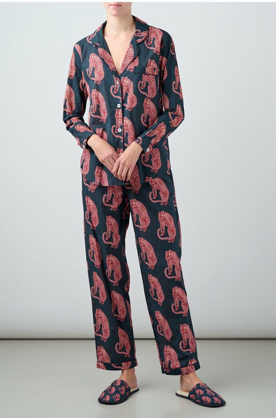 Women'S Clothing * | Tiger Print Pyjamas In Navy Pink Outlet Desmond & Dempsey