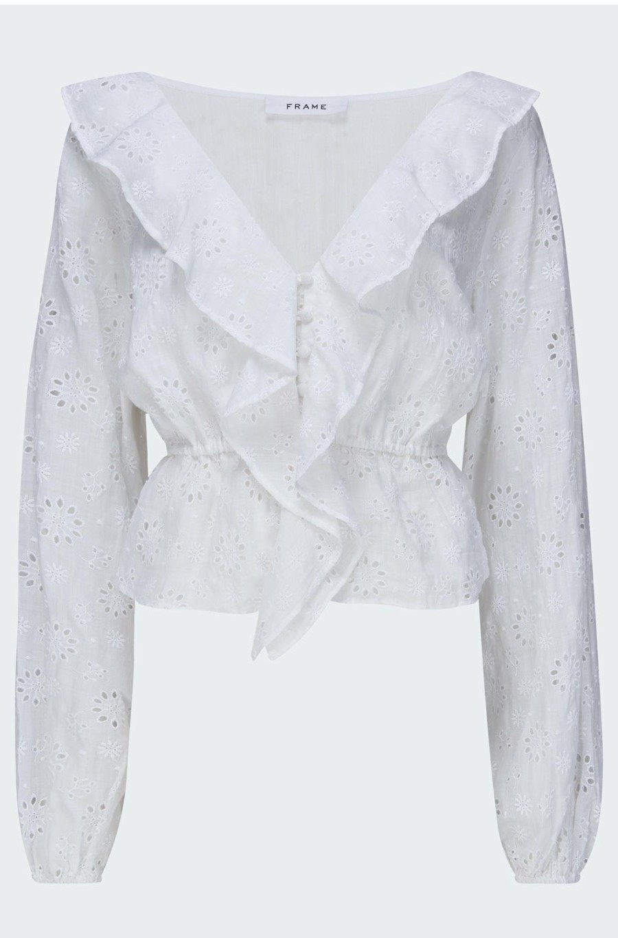 Women'S Clothing * | Ruffle Front Eyelet Long Sleeve Top In Blanc Fire Sale Frame