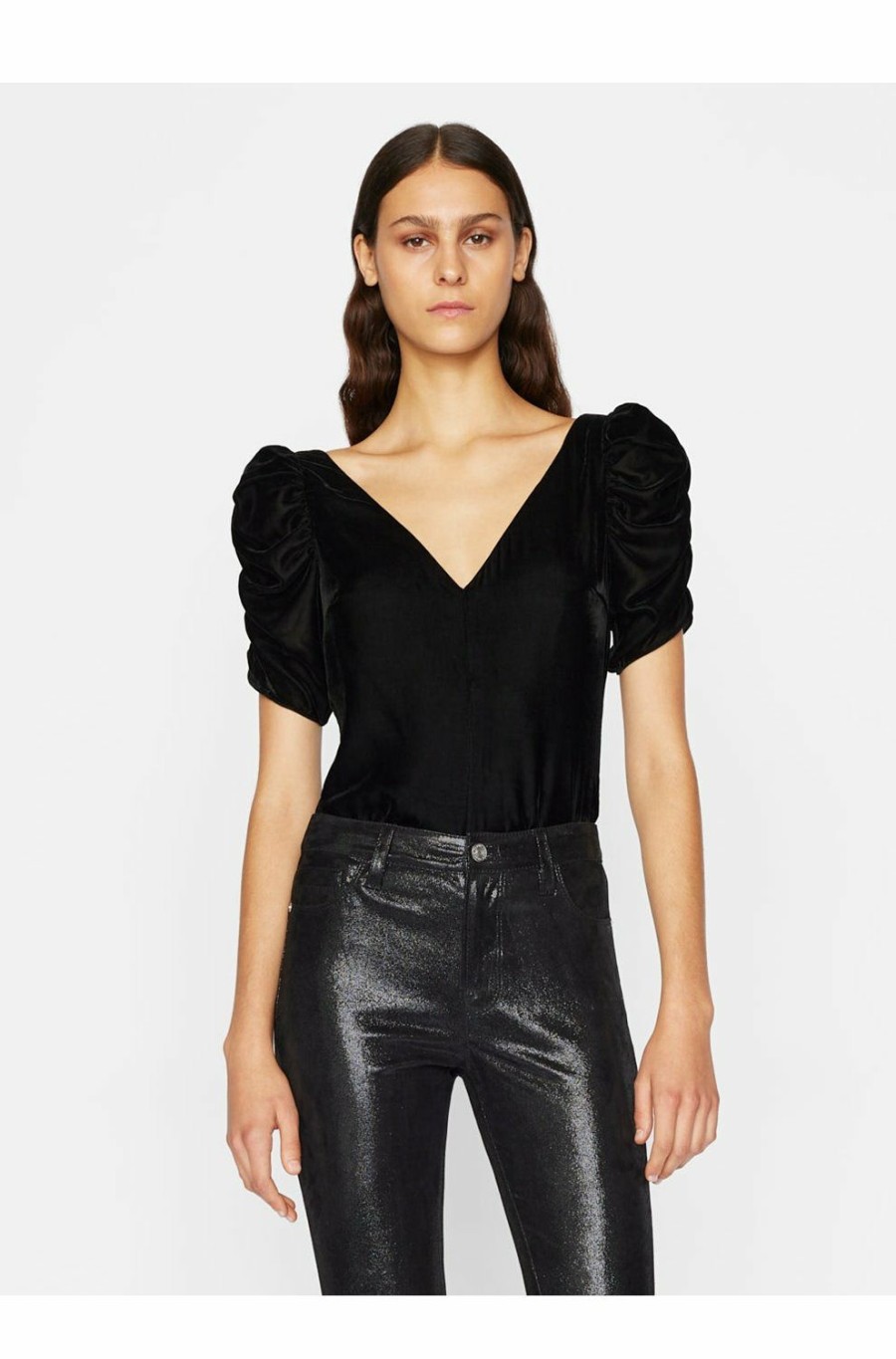 Women'S Clothing * | Velvet Ruched Sleeve Top In Noir Good Quality Frame