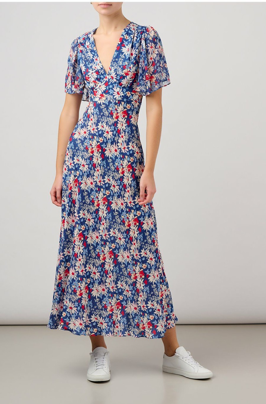 Women'S Clothing * | Florida Flutter Sleeve Midi Dress In Blue Daisy Trail Clearance Rixo