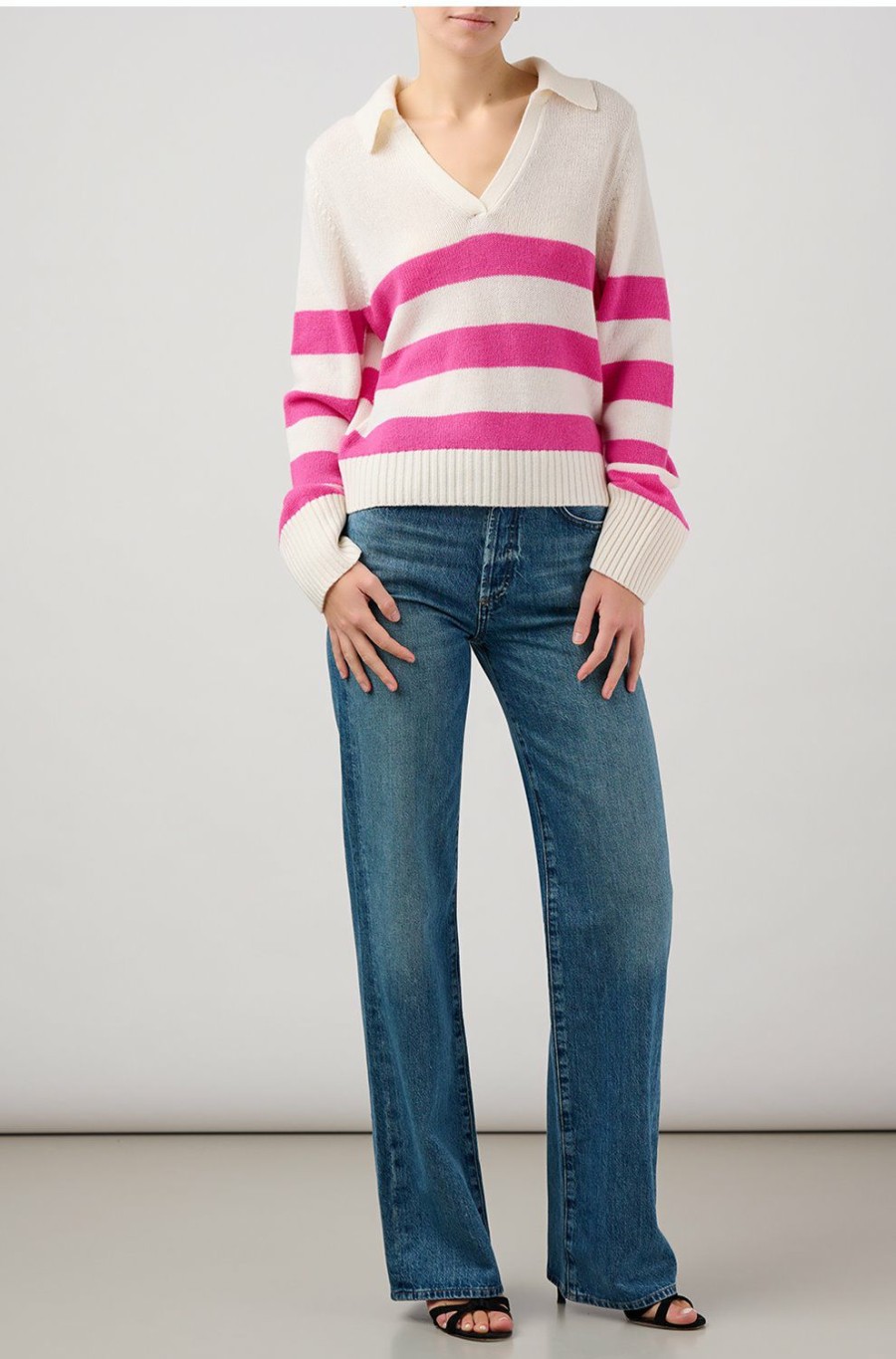 Women'S Clothing * | Polo Sweater In Fuschia Pink Stripe Best Sellers Allude